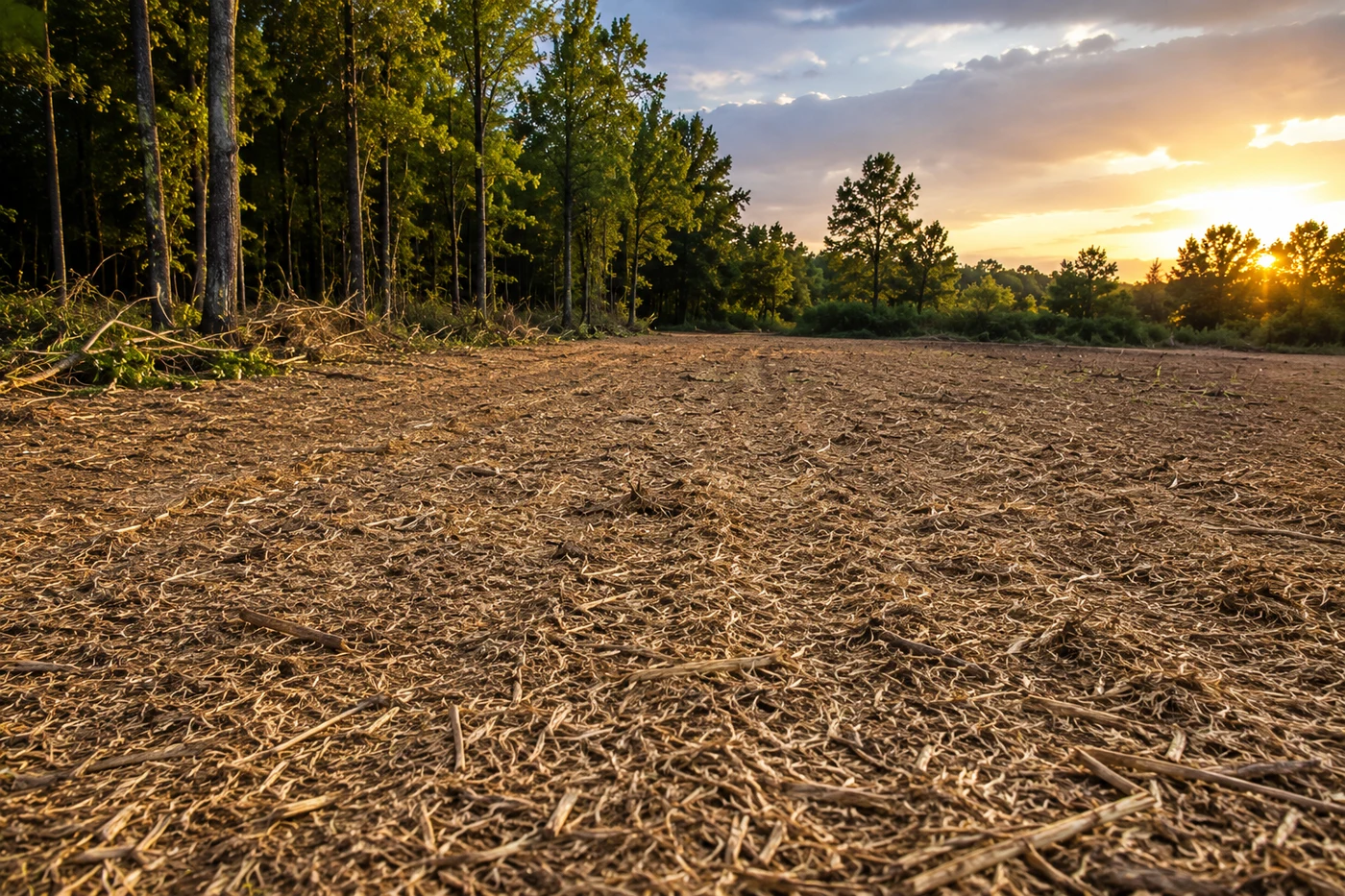 Freshly mulched ground at sunset showing the smooth surface forestry mulching leaves behind