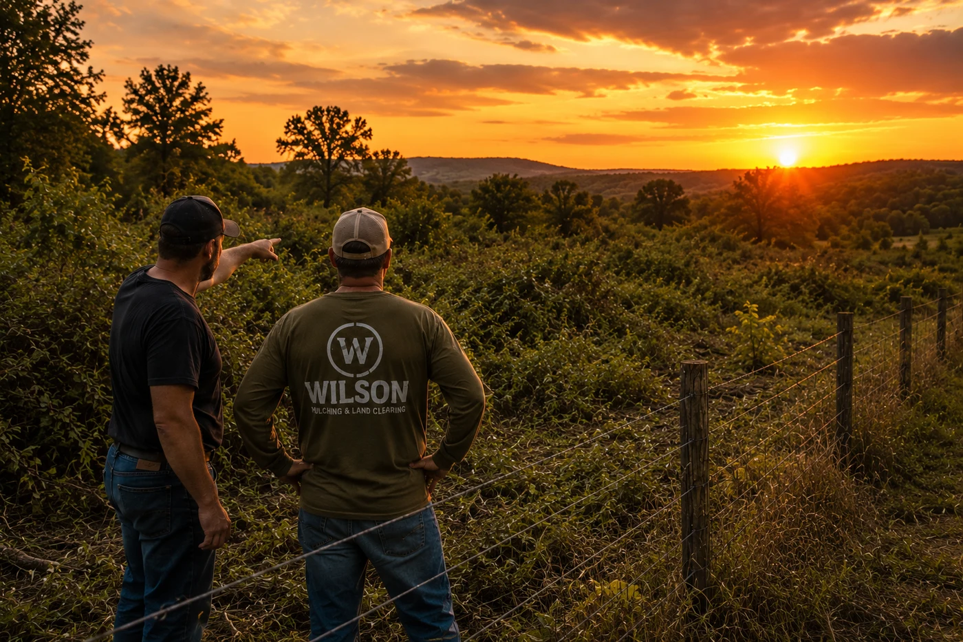 Two landowners surveying overgrown property at sunset, planning a land clearing project