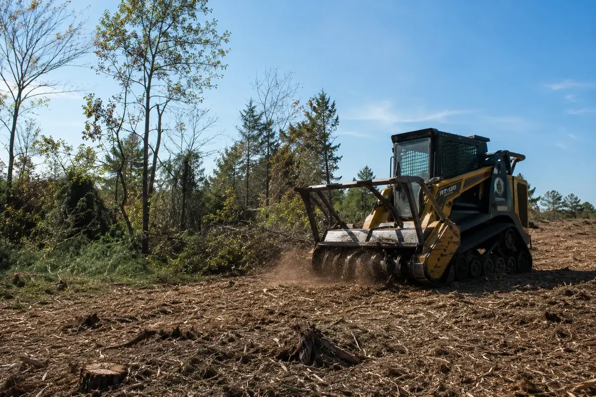 Track mulcher clearing dense vegetation on a Southeast Oklahoma property