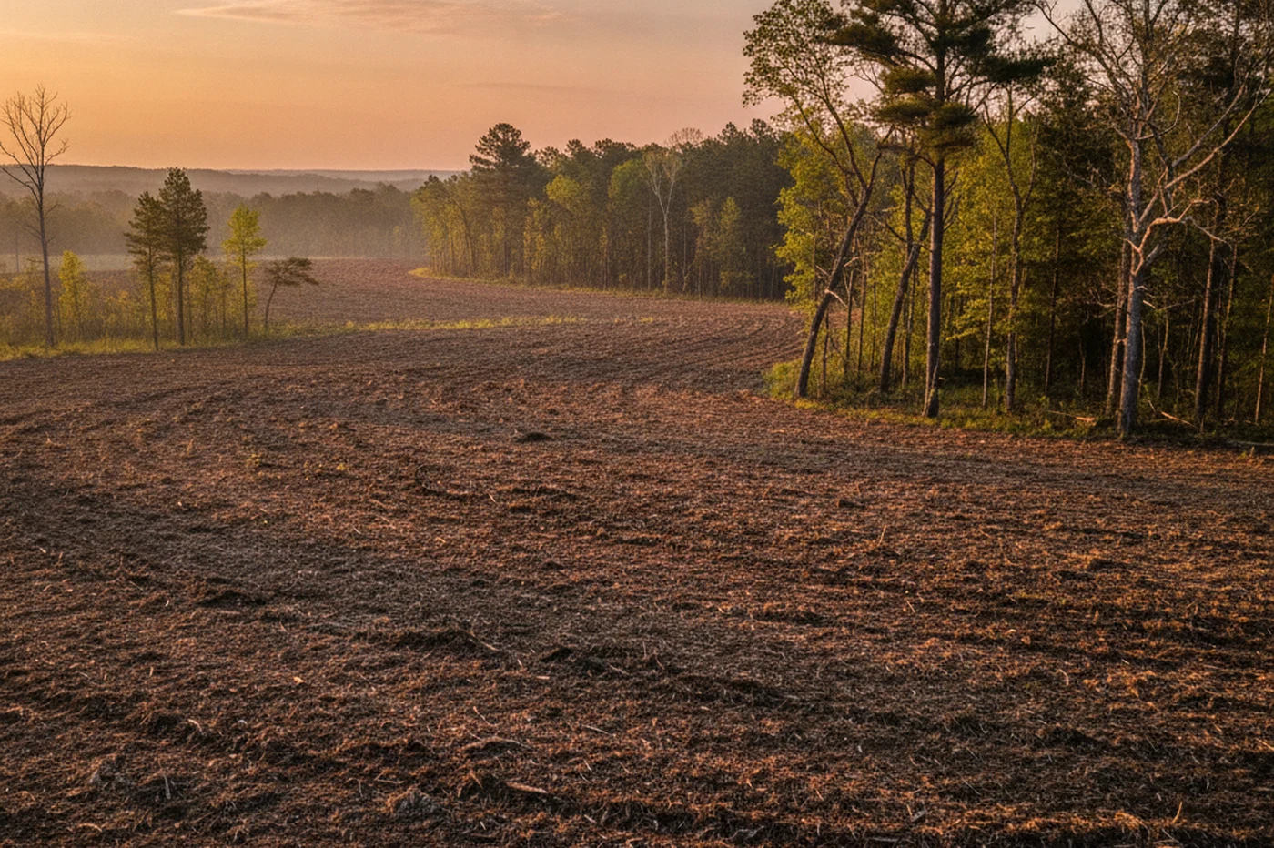 Cleared and mulched property landscape in Clayton, Pushmataha County Oklahoma
